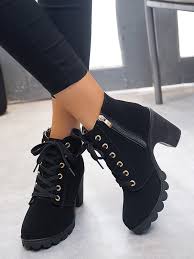 Chaussures de naissance, chaussures premiers pas ou chaussures de marche : Bottines Cheville Epais Talon A Lacets Boucle Mode Femme Chaussures Noir Bottes Chaussures