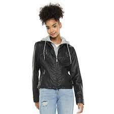 Juniors Jou Jou Faux Leather Jacket With Lightweight Fleece Hood Celebrities Leather Jacket Leather Jacket Faux Leather Jackets