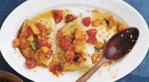 Pan Seared Halibut With Tomato And Basil From The Splendid Table The Show For Curious Cook Halibut Recipes Pan Seared Halibut Recipes Halibut Recipes Healthy