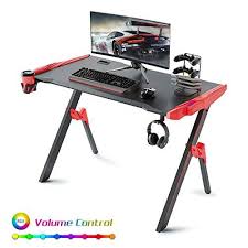 Galaxhero Gaming Desk With Audio Sensor Rgb Led Lights 46 8 R Shaped Computer Desk With Cup Holder Curved Fr Gaming Desk Inbox Zero Standing Desk Converter