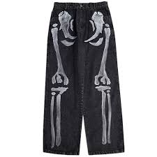 Bone jeans skeleton jeans designer. Skull Print Skeleton Bones Hand Painted Loose Straight Fit Jeans Now Millennial