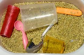 jeu de transvasement de lentilles avec differents ustensiles de cuisine sensory bean bac sensoriel transfer transvasement bac sensoriel sensoriel bac