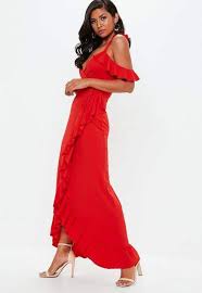 Red Cold Shoulder Frill Split Hem Maxi Dress Kimono Maxi Dress Maxi Dress Black Long Sleeve Dress