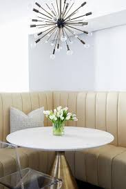 Exclusively ours.banquette with tufted back and wings and a serpentine apron.alder wood frame.velvet upholstery.68w x 35d x 49t; Beige Leather Channel Tufted Dining Banquette With Marble And Brass Table Contemporary Dining Room