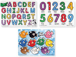 The upper & lower case alphabet puzzle helps children age 4 and up recognize all of the . Amazon Com Melissa Doug Classic Wooden Peg Puzzles Set Of 3 Numbers Alphabet And Colors Melissa Doug Toys Games