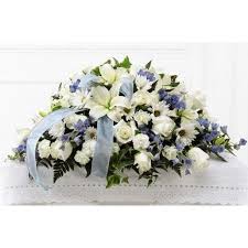 Blue And White Funeral Casket Spray For A Boy Casket Flowers Funeral Flower Arrangements Casket Sprays