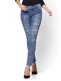 Ny C Graffiti Print Skinny Jeans Calm Blue Wash