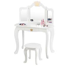 gymax kids makeup dressing table chair set princess vanity tri folding mirror white dressing table with chair kids vanity kids vanity set