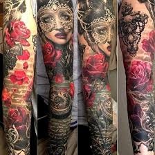 Black And Red Arm Sleeve Tattoos Black Red Girl Rose Writing Clock Arm Tat Gorgeous Tattoos Full Sleeve Tattoos Sleeve Tattoos