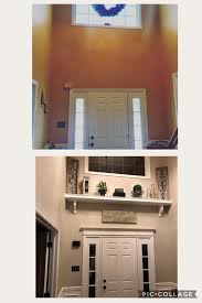 Two Story Foyer With Door Trim And Shelf To Break Up A Big Wall Foyer Decor Entryway Foyer Wall Decor Foyer Decorating