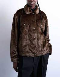 Topshop faux pony fur western trucker jacket in brown