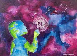 For Peace By Sara Arasteh Watercolor Painting Acrylic Peace Surrealism Space Dandelion Surrealism Painting Peace Art Painting