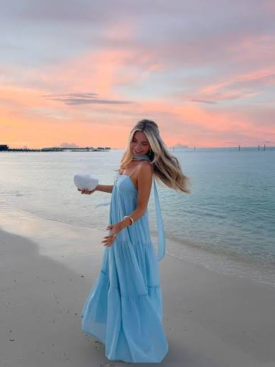 POV: Romanticising your life in this dress ⭐️🩵 @solarpowered_blonde wears  the 'Flowing Sea Maxi Dress Blue'☁️ Shop via the link in bio. #hellomolly