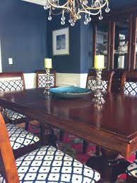 Hale Navy Walls Crystal Tear Drop Chandelier And Custom Upholstered Dining Chairs On Dining Room Makeover Upholstered Dining Chairs Cherry Bedroom Furniture