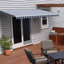 Motorized Retractable Patio Awning 20x10 Feet Blue And White Striped Aleko