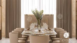 Luxury apartments in the hotel with a living room and dining room, sofa, bed, tv stand, dining table, classic interior with white walls. Gallery Dining Room Interior Design Dubai Spazio