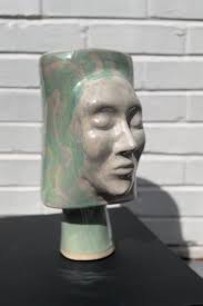 Hand Sculpted Figure Vase Iridescent Aqua Groovy Stripes Face Head Bust  Sculpture Figurative Art