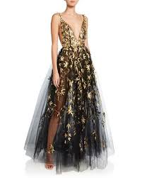 Oscar De La Renta Golden Floral Embroidered Tulle Illusion Gown Golden Dress Dresses Gowns