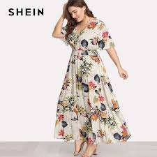 Shein Floral Plus Size White Dress Women Maxi Long Dresses Large Sizes Print V Neck Button Front Shir Inexpensive Dresses Plus Size Dresses Tropical Maxi Dress