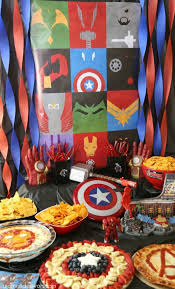 In our house we've had dinosaur parties, farm parties, pirate parties, camping parties and now a marvel's avengers birthday party! Avengers Party Superhero Activities Fun Food Ideas Mom Endeavors Marvel Birthday Party Superhero Birthday Party Decorations Avengers Birthday Party Decorations