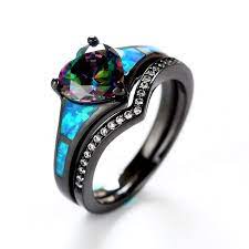 Mystic Topaz Blue Opal Black Engagement Ring For Women Vancaro Gothic Wedding Rings Fire Opal Ring Black Wedding Rings
