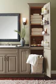 An Organized Bathroom Helps With Your Morning Routine Includes A Linen Cabinet Ith A Roll Out Hamper Bathroom Linen Cabinet Bathrooms Remodel Bathroom Closet