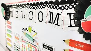 Once your background is set up and the basic information try hosting a notice board contest between classrooms for a fun competition. Black White Stylish Brights Classroom Theme Classroom Decorations Schoolgirl Style