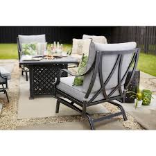 Hampton Bay Highland Point 5 Piece Black Pewter Aluminum Outdoor Patio Fire Pit Set With Cushionguard Fire Pit Sets Gray Patio Furniture Metal Patio Furniture