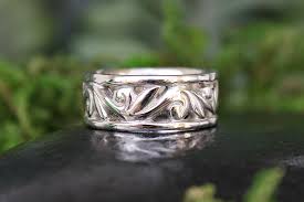 In 14k white gold (3/8 ct. Floral Pattern White Gold Wedding Ring 8mm Band The Muse Melissa Caron Jewellers
