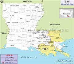 Area codes search notes fixed phone numbers in the united states, state louisiana (area code 985) are comprised of a single country code (+1), a 3 digit area code, a 3 digit local office code (or region code), and a 4 digit line code. 985 Area Code Map Where Is 985 Area Code In Louisiana