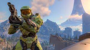 Features the master chief in an action pose with grappleshot firing and energy sword at the ready; Halo Infinite Master Chief Kann Gegner Vom Ring Schubsen Golem De