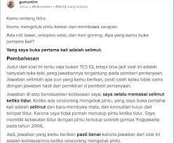 Scopri ricette, idee per la casa, consigli di stile e altre idee da provare. Jawaban Tes Iq Kamu Sedang Tidur Ibumu Mengetuk Pintu Dan Membawakan Sarapan Indonesia Meme