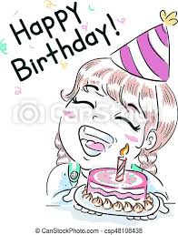 Kid Girl Happy Birthday Cake Typography Illustration Featuring A Cute Little Girl In A Party Hat Saying Happy Birthday Canstock