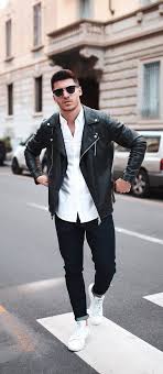 Black And White Button Up Shirt Outfit Monochrome Outfit Idea With A Black Leather Jacket White Button Up Shirt Rayban Sunglasses B Leather Jacket Outfit Men Leather Jacket Outfits Stan Smith Outfit