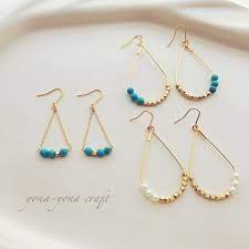 夏アクセ ターコイズとメタルビーズのドロップフープピアス black crystal earrings beaded earrings earrings handmade
