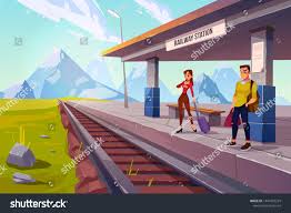 Passengers On Railway Station People With Luggage Waiting Train On Railroad Platform In Highland Countryside Area With Mount Railway Station Passenger Station