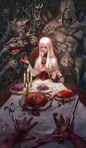 celestial fang, original, absurdres, highres, 1girl, 2boys, animal, blood,  brain, bug, chain, chair, closed mouth, corset, creature, cup, dress,  drinking glass, food, glass, holding, holding cup, horror (theme), knife,  long hair, long
