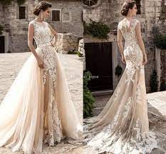 Discount Champagne Wedding Dress With Detachable Over Skirt Short A Line Wedding Dresses Sli Tulle Wedding Dress Mermaid Wedding Dress Trends Boho Bridal Gowns