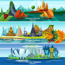 Travel cartoon blue poster background banner tourism island sea. Free Vector Asian Travel Banners