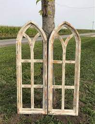 Pair Arched Farmhouse Window Frames Wood Window Frames Gothic Etsy Window Wall Decor Wooden Window Frames Arched Wall Decor