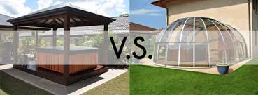Once you purchase a new hot tub you need to find a home for it, and in some cases, a hot tub enclosure is the answer. Hot Tub Gazebos Vs Hot Tub Enclosures Sunrooms Enclosures Com