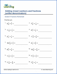 A helpful guide and practice questions for adding fractions with like and unlike denominators. Grade 5 Worksheet Add Mixed Numbers Fractions Unlike Denominators K5 Learning
