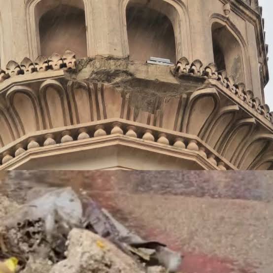Charminar's northeast minar damaged in Hyderabad rain