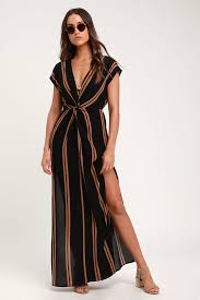 Coastal Grooves Black And Brown Striped Swim Cover Up Resort Wear For Women Fashion Swim Dress