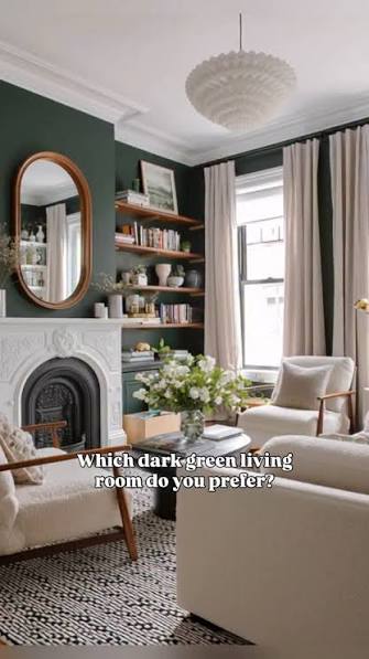 Which dark green living room do you prefer? All cocooning dark with a  fireplace, light and airy with neutral furnishings or something with a pop  of colour? , AI Design by @melaniejadedesign , ...