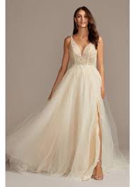 Beaded Bodice Plunging V Illusion Wedding Dress David S Bridal