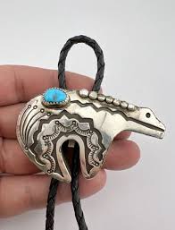 Jerry Roan Navajo Sterling Silver Turquoise Overlay Stamped Bear Bolo Tie 2  5/8"