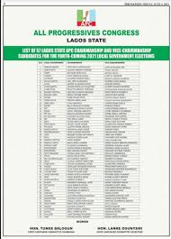 This was contained in a press statement by the. Apc Lagos State On Twitter Full List Of Lagos State Apc Apc Lagos Chairmanship And Vice Chairman Candidates For The Forth Coming 2021 Local Government Elections Https T Co P5j4dj2qk2 Twitter
