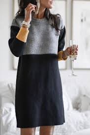 Windpink Casual Patchwork Knee Length Dress Windpink Long Sleeve Shift Dress Sweater Dress Outfit