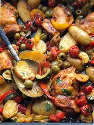 Baked Chicken Thighs With Potatoes Peppers And Olives Recipe Baked Chicken Thighs Baked Boneless Chicken Thighs Stuffed Peppers